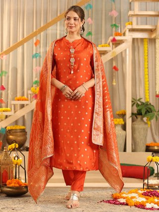 Orange Ethnic Motif Print Rayon Straight Kurta Set With Pant Pocket