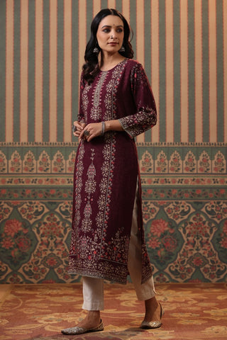 Women Wine Digital Printed Mirror Work Straight Kurta