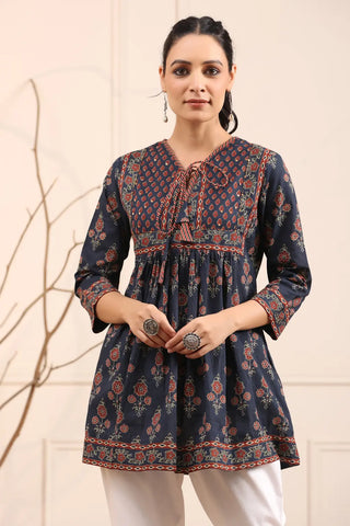 Women Blue and Rust Floral Printed Pure Cotton A-Line Kurti