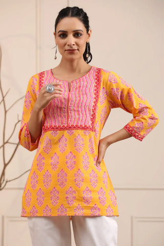 Women Orange & Pink Ethnic Printed Sequinned Pure Cotton Kurti