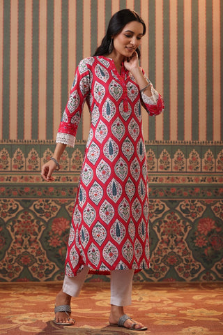 Women Red Ethnic Motifs Printed Cotton Straight Kurta