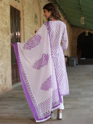 Women Purple-Coloured Ethnic Motifs Printed Sequinned Pure Cotton Kurta with Trousers And Printed Dupatta