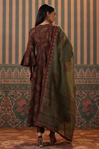 Women Maroon Paisley Printed Pure Cotton Anarkali Kurta With Trousers & Dupatta