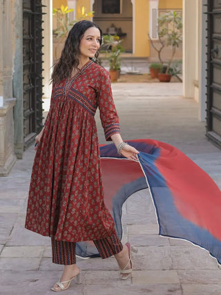 Women Maroon Ethnic Motifs Printed Empire Design Anarkali Kurta With Printed Trouser & Dupatta