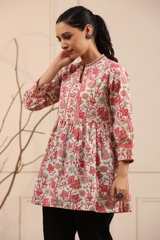 Women Cream and Pink Floral Print A-Line Kurti