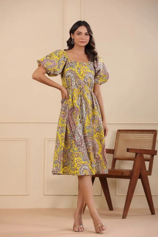 Women Yellow A-line Floral Printed Dress