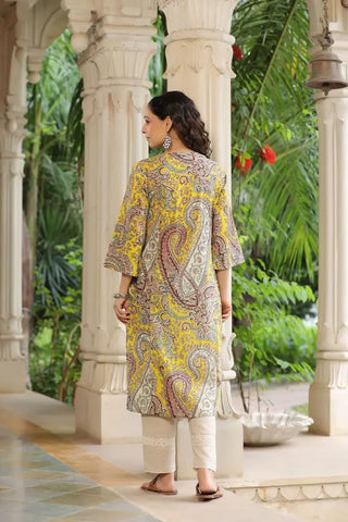 Women Yellow & Beige Paisley Printed A-line Kurta