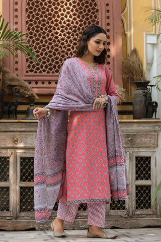 Women Pink Ethnic Printed Pure Cotton Straight Kurta with Trousers & Dupatta