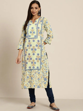 Women Blue Pure Cotton Floral Print Straight Kurta