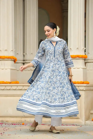 Women Floral Blue Anarkali Suit Set