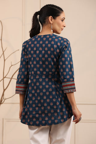 Women Navy Blue Ethnic Motifs Printed A-Line Kurti