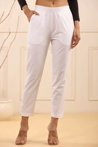 Stylish White Cotton Pleated Cigarette Trousers