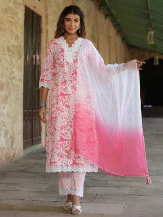 Women Pink & White Floral Printed Pure Cotton Straight Kurta With Printed Trouser and Shaded Doria Dupatta