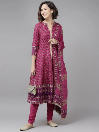 Women Magenta & Beige Printed Pure Cotton Kurta with Churidar & Dupatta