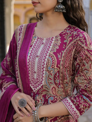 Women Wine Paisley Printed Anarkali Kurta With Trouser And Dupatta