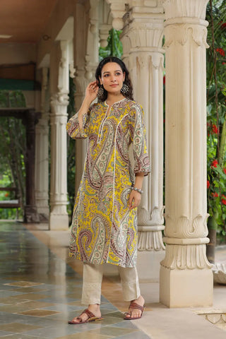 Women Yellow & Beige Paisley Printed A-line Kurta