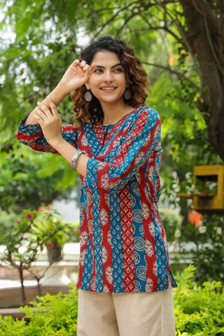 Women Blue Ethnic Motifs Printed Pure Cotton Kurti