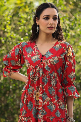 Women Red Ethnic Floral Printed Pure Cotton Knee Length A Line Midi Dress