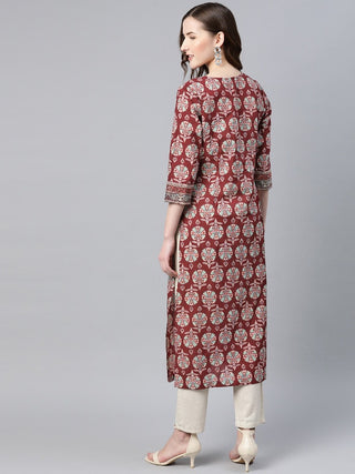 Women Burgundy Pure Cotton Printed A Line Kurta