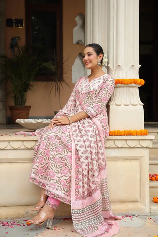 Women Pink Floral Printed Pure Cotton Anarkali Kurta Set