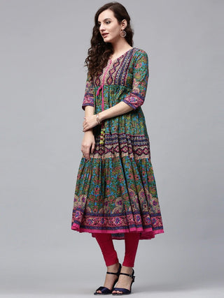 Women Green Printed Pure Cotton Anarkali Kurta