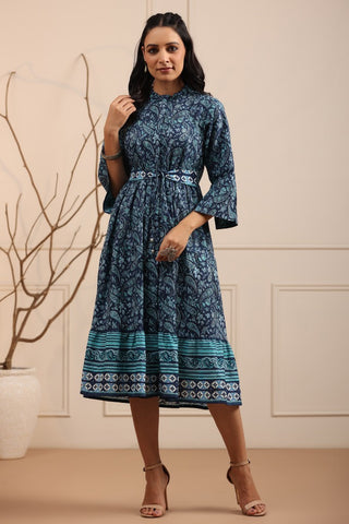 Women Navy Blue Ethnic Motifs A Line Dress