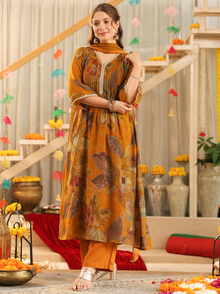 Mustard Floral Chanderi A-Line Kurta Set with Pocket