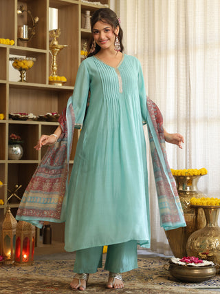 Light Blue Chanderi A-Line Kurta Set with Pocket
