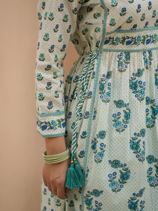 Women Teal Floral Printed Pure Cotton A-line Kurta With Solid Trouser And With Printed Dupatta