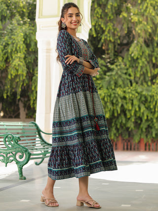 Printed Round Neck Pure Cotton Ethnic Dresses
