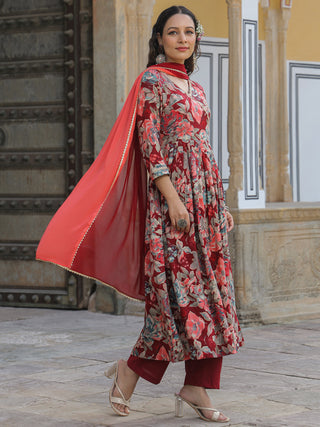 Women Maroon Floral Printed A-line Kurta With Solid Trouser And Dyed Dupatta