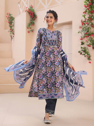 Women Blue Floral Printed Pure Cotton Straight Kurta With Trouser And Dupatta