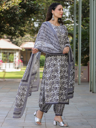 Women Grey Floral Printed Straight Kurta With Afghani Salwar And Printed Dupatta