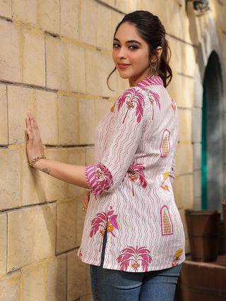 Women Pink & Off White Ethnic Motifs Printed Pure Cotton Kurti