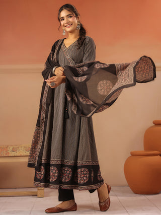 Black cotton chevron printed anarkali kurta set with solid trouser and printed cotton dupatta