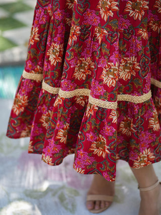 Women Red Floral Printed Pure Cotton Tiered Fit and Flare Dress