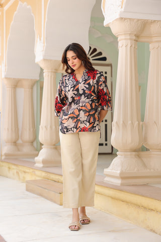 Printed Mandarin Collar Top & Trousers Co-Ords