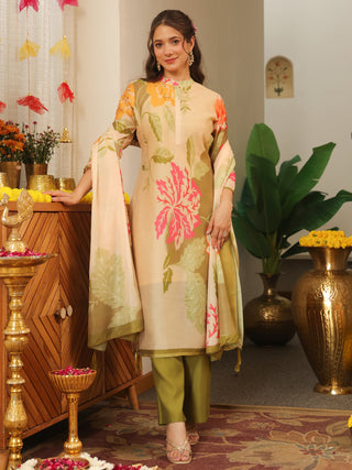 Cream Floral Straight Kurta Set with Pant Pocket