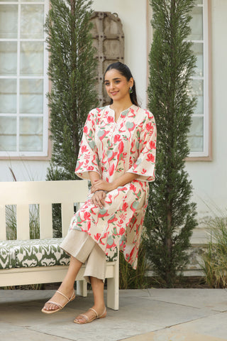 Cream Abstract Print Lace Kurta