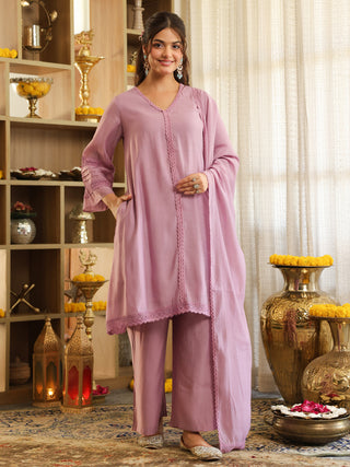 Lilac Lace Chanderi A-Line Kurta Set with Pocket