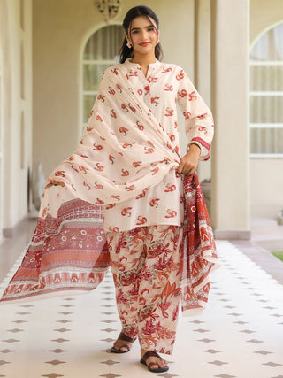 Off White Ethnic Motif Print Lace 3-Piece A-Line Kurta Set