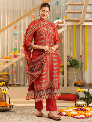 Red Panel Print Straight Kurta Set with Pant Pocket