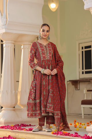 Women Ethnic Motifs Printed Pleated Pure Cotton Kurta with Trousers & With Dupatta