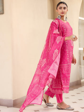 Pink Ethnic Motif Print 3-Piece Straight Kurta Set