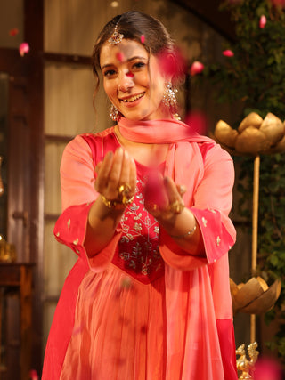 Pink Embroidered Yoke A-Line Kurta Set with Pocket
