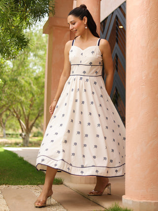 White Ethnic Motif Print Fit & Flare Dress