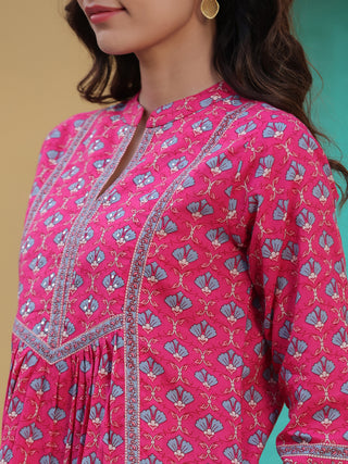 Women Fuchisia Ethnic Motifs Printed Pure Cotton A-line Kurti