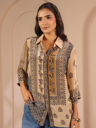 Beige ethnic printed crepe shirt