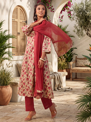 Beige Ethnic Motif Print Lace 3-Piece Kurta Set