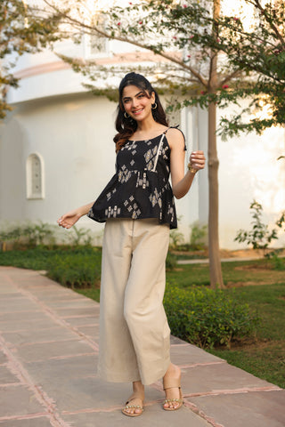 Black Abstract Print Fit & Flare Top